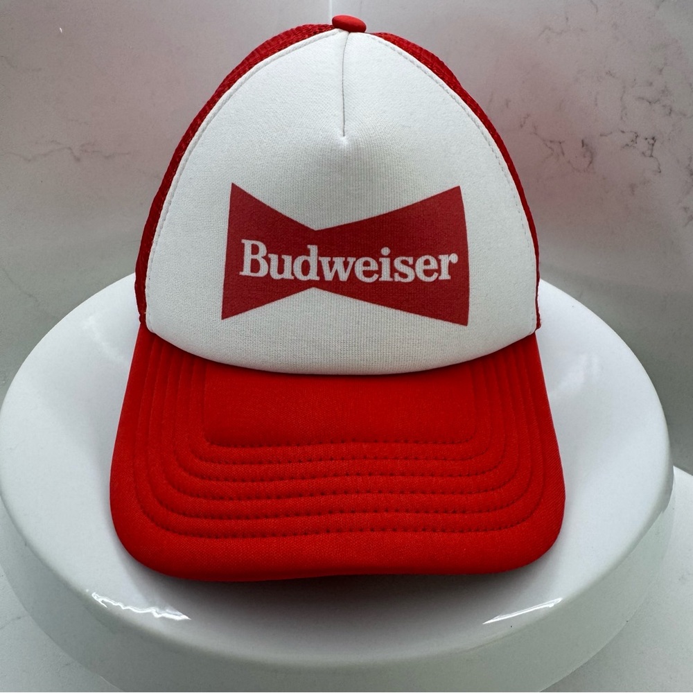 Vtg Budweiser mesh trucker hat snap back Bud Foam Crown Red white beer